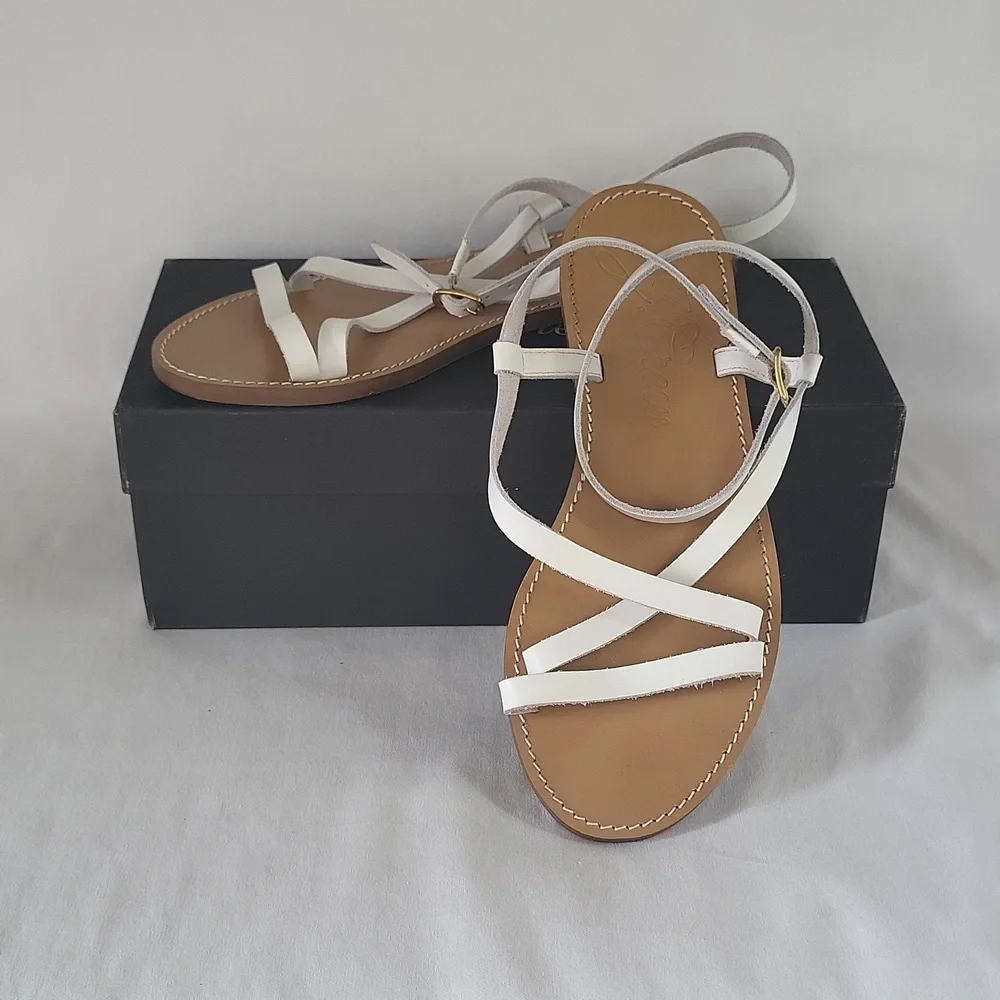 J. Crew Flat Strappy Sandals in Vachetta Leather White Size 8